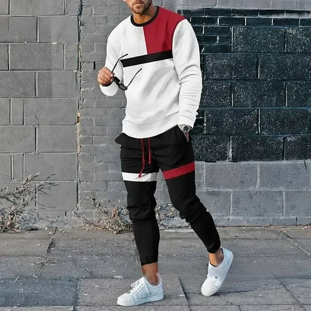 Man’s Suit T-Shirt Long Sleeve 2 Piece Set 3D Print Stripe Streetwear Casual Tracksuit Man Oversized Tops Basketball Sweat pant