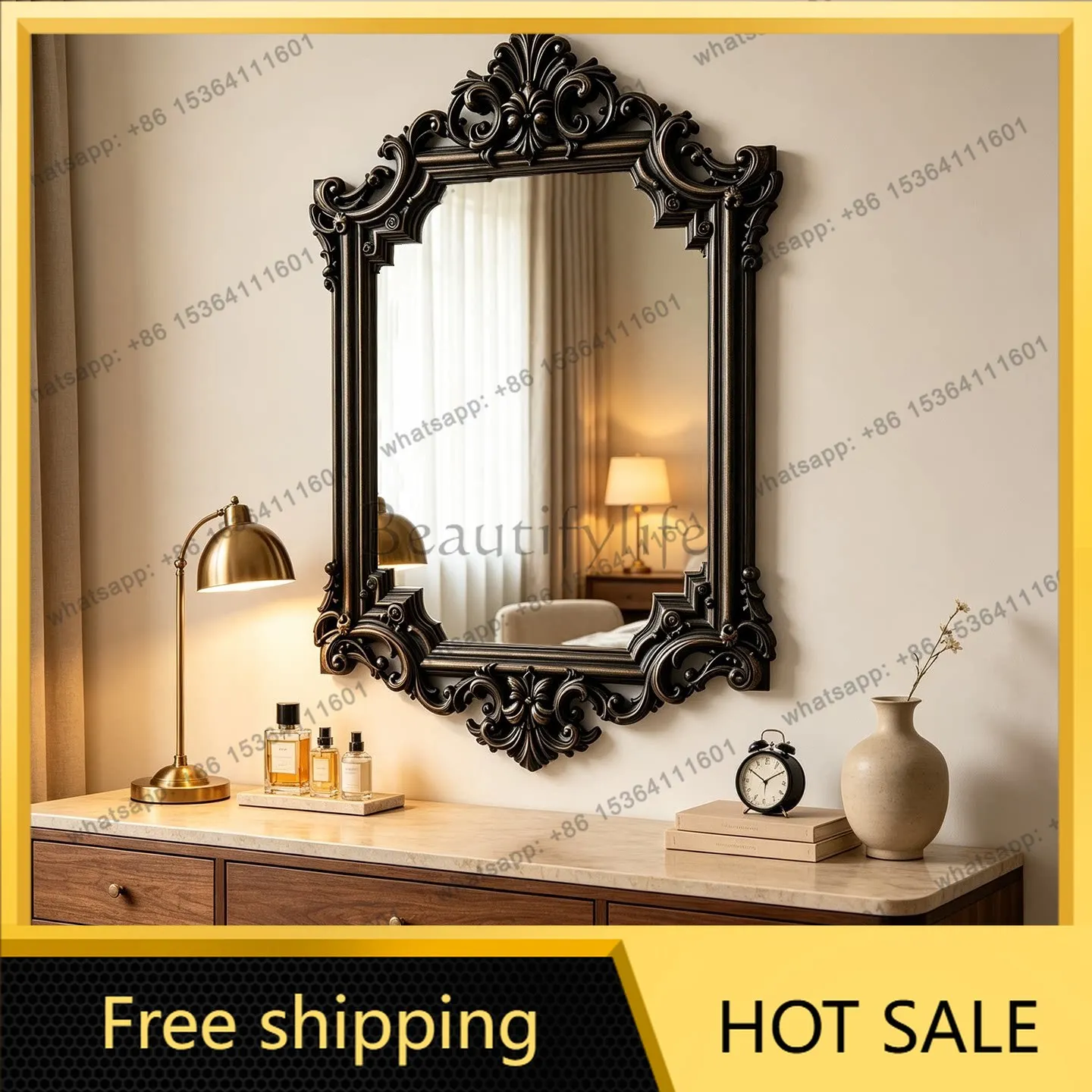 YJ Wabi‑Sabi Retro Wall Mirror Gothic Dark Vanity Unit For Bathroom Entryway Fireplace Home Decor