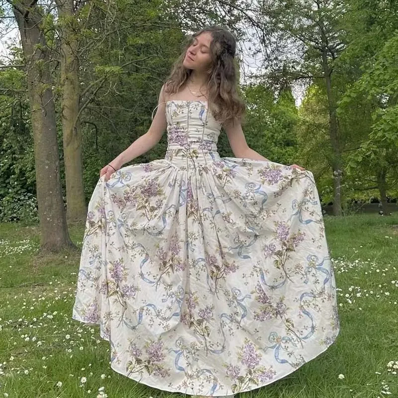 Yenkye sexy cintas de espaguete vestido de impressão floral para mulheres elegante a linha férias verão vestidos longos festa maxi robe 2025