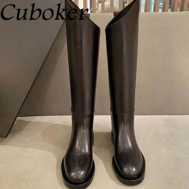 Top Quality Winter Real Leather Riding Boots Round Toe Thick Heel Knee High Boots Women Long Boots Celebrity Brand Shoes mujer