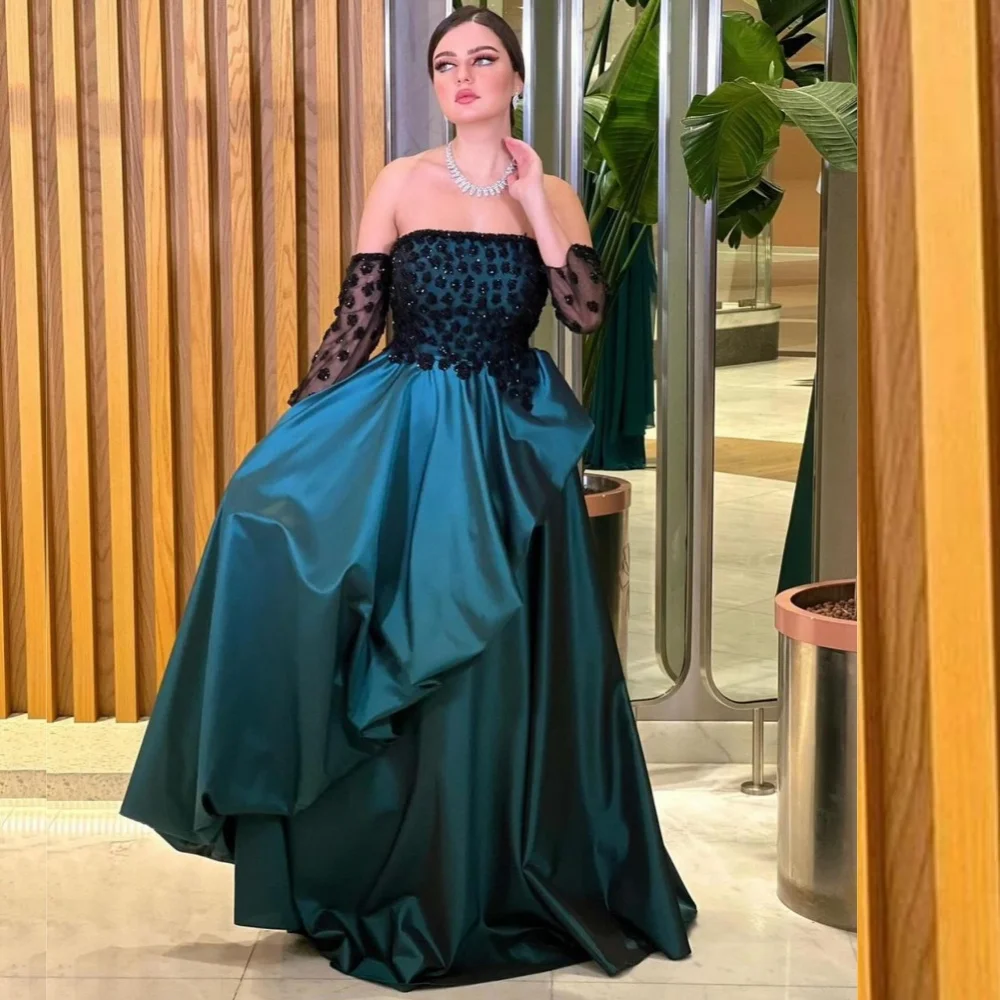 Customized Sparkle Exquisite Satin Draped Pleat Applique Christmas A-line Off-the-shoulder Bespoke Occasion Gown Long Dresses