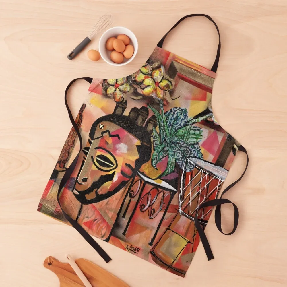 

Still Life with Orchids, Djembe and African Masks Apron Restaurant Kitchen Equipment Art Apron