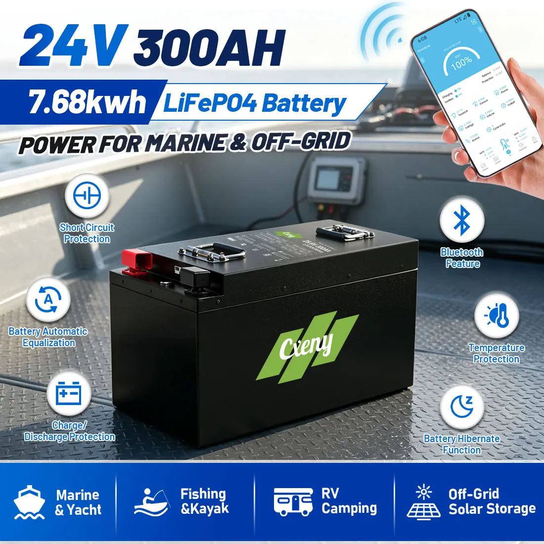 24V 300Ah LiFePO4 Lithium Battery 7680Wh with Bluetooth 200A Smart BMS Grade A Cells 8000+ Cycles 5 Year Warranty