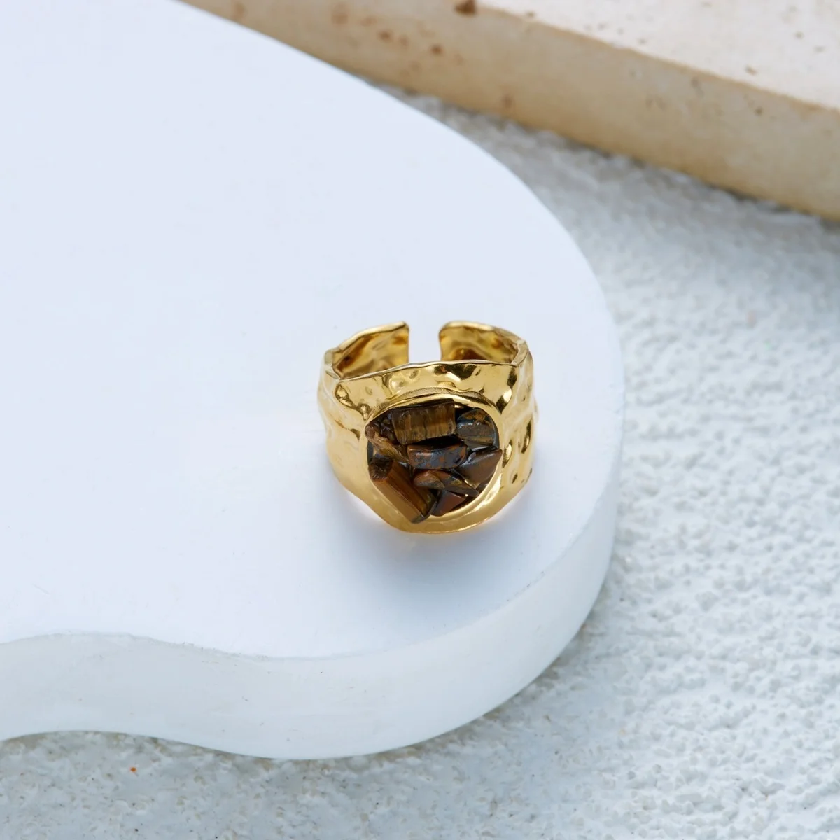Edelstahl Natürlicher Tigerauge-Stein Wassertropfen-Hammer-Ring Breiter Ring für Damen und Herren Französischer Vintage Geometrischer Blumenring Schmuck – Detail 16