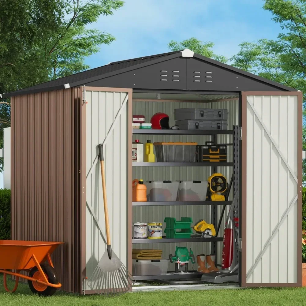 

Outdoor Storage Shed 8 x 6 FT with Metal Base Frame, Galvanized Metal Garden Shed with Double Lockable Doors, Outdoor Storage