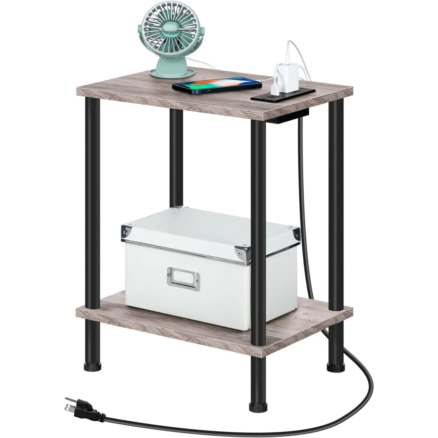 

Side Table with Charging Station, End Table with USB Ports and Outlet, Nightstand with 2-Layer Storage Shelves for Small Spaces