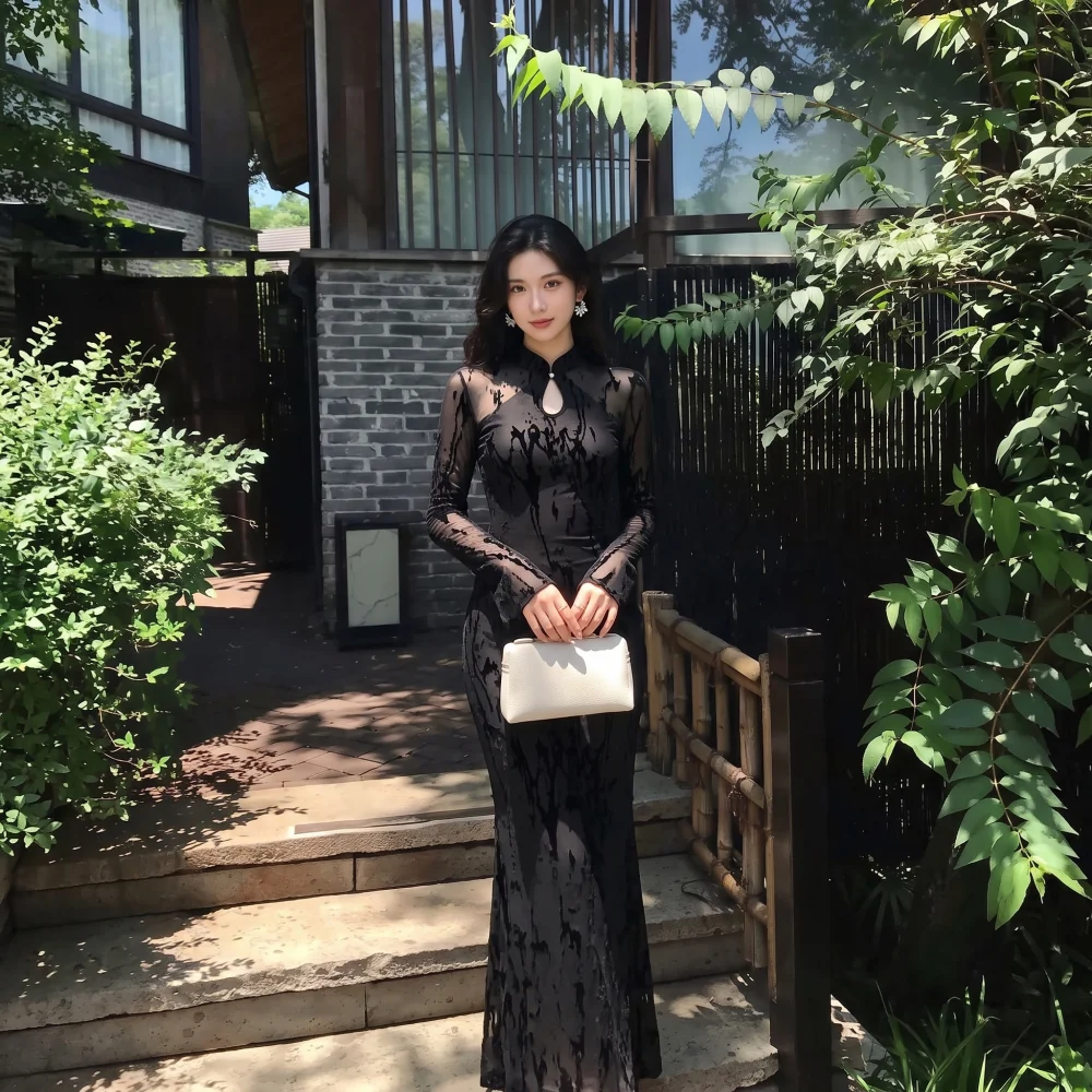 Elegant New Chinese Style Long Sleeve Dress Women's Slim Fit Fish Tail Gown Gentle Large Size Commute Style High Waist Skirt