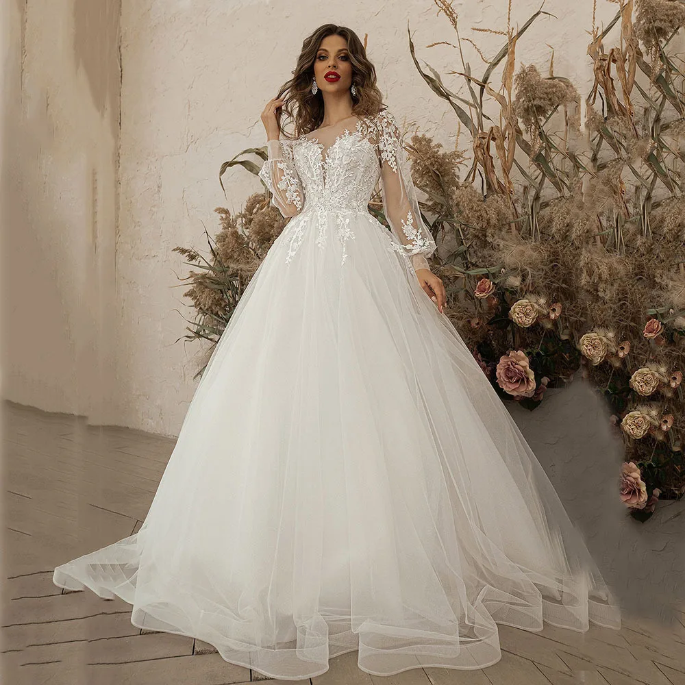 

Customized High End BOHO Puff Sleeves Wedding Dresses Appliques Tulle Bridal Gowns Formal Occasion Vestido De Noiva robe mariage