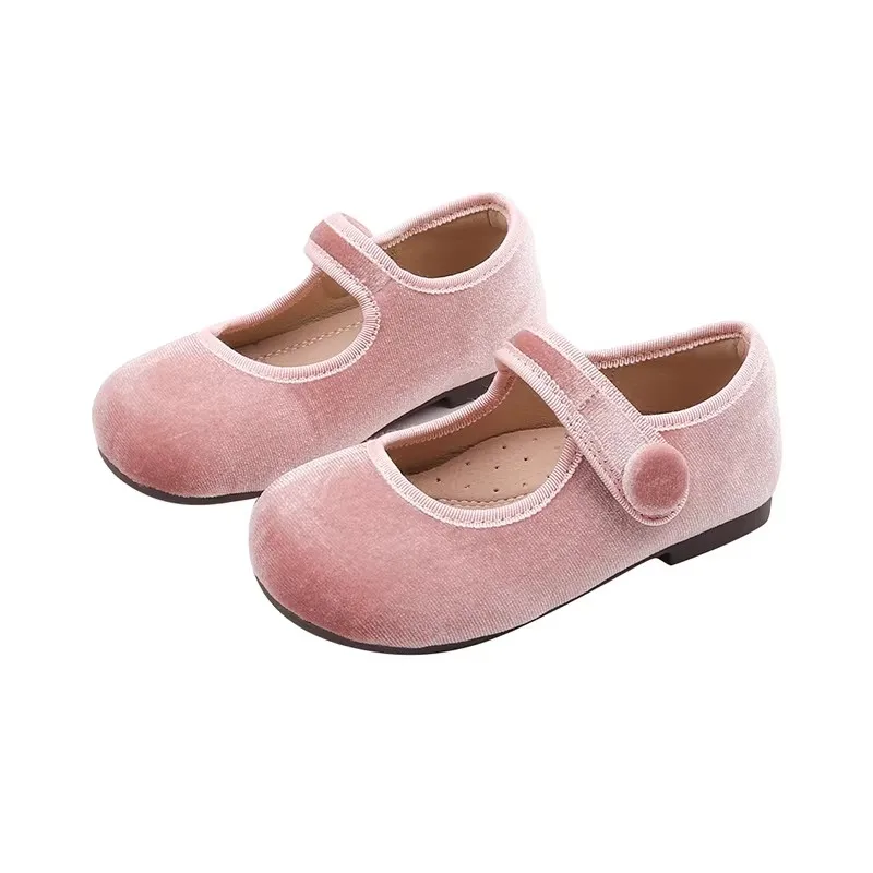 Velvet Mary Jane Shoes for Children Hand Stitch Casual Streetwear Ballet Flats Pumps Girls Solid Color Red Cloth Shoes Loafers