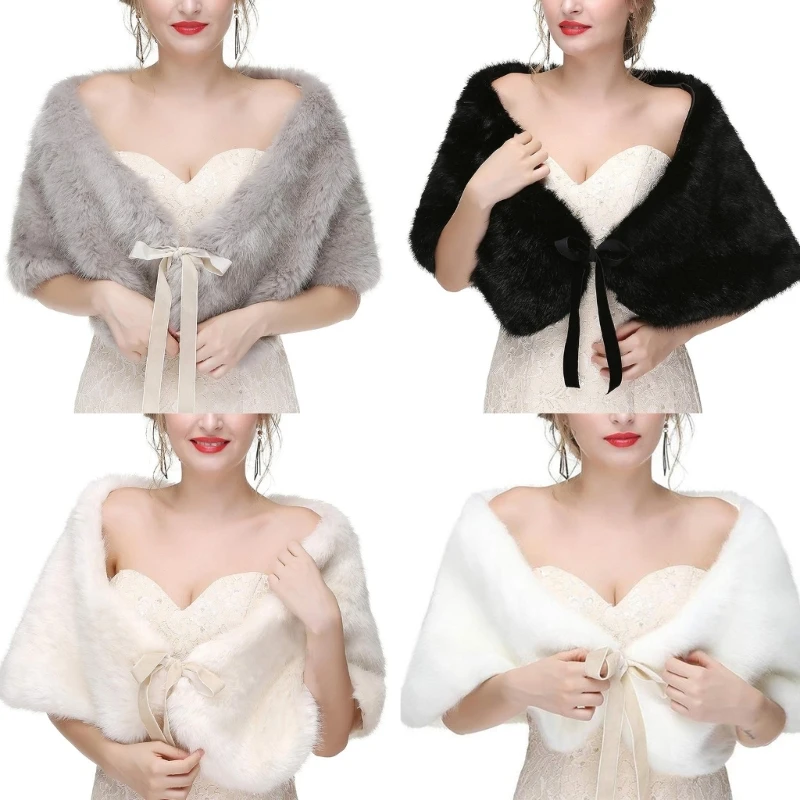 Elegant Faux Furs Shoulder Covering Shawl Wraps for Wedding Gowns and Evening Dress Bows Tie Capelet Furry Stoles Scarf HXBA