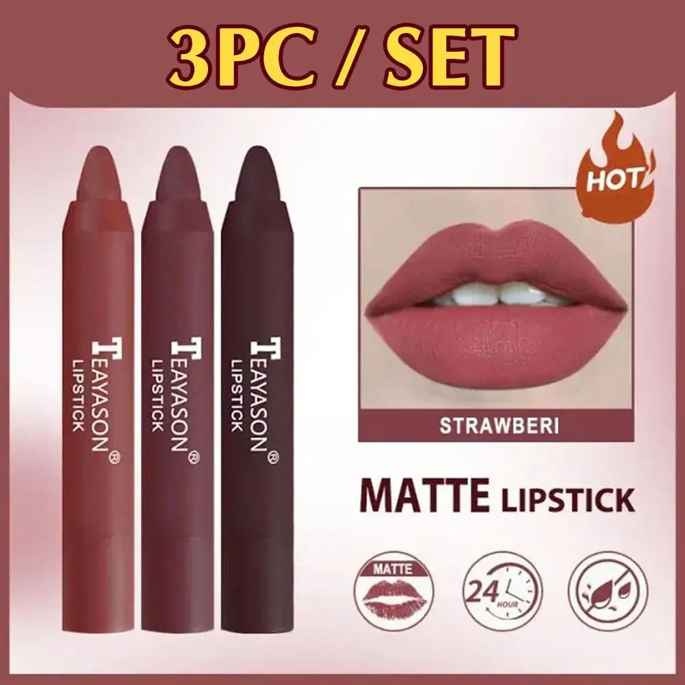 3 ชิ้น/เซ็ต Velvet Matte ลิปสติกปากกา Moisturizing Non-stick Cup ลิปสติกแต่งหน้ากันน้ํา Nude Crayon ลิปสติก Lip Liner ดินสอ