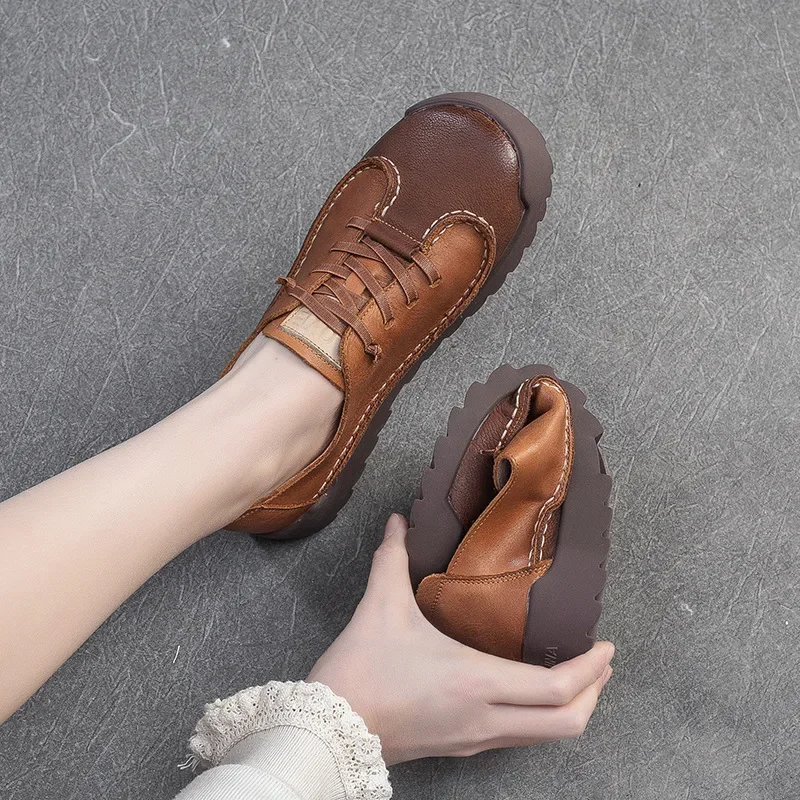 

2025 Round Toe Lace-up Premium Full Genuine Leather Shoes Casual Sneaker Flat Retro Deep Mouth Women Travel Shoes Tide