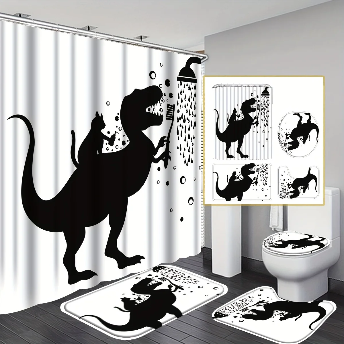 

4pcs funny dinosaur shower curtain suit, shower curtain suit with non-slip bath mat, toilet lid, U-shaped carpet