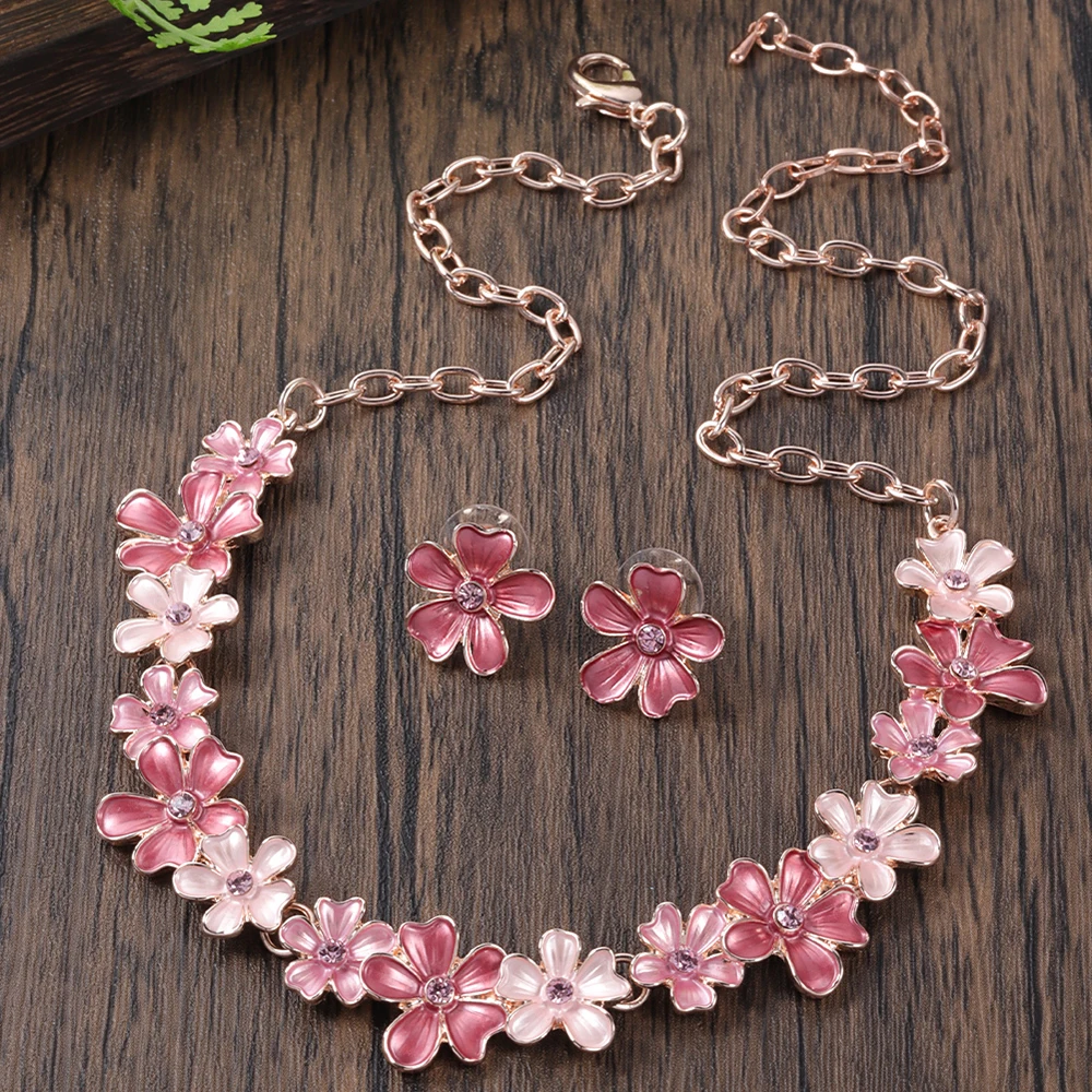 Fashion Flower Necklace and Earrings Set for Women Accessories New Trendy Rhinestone Jewelry Sets Vacation Party Prom Gift