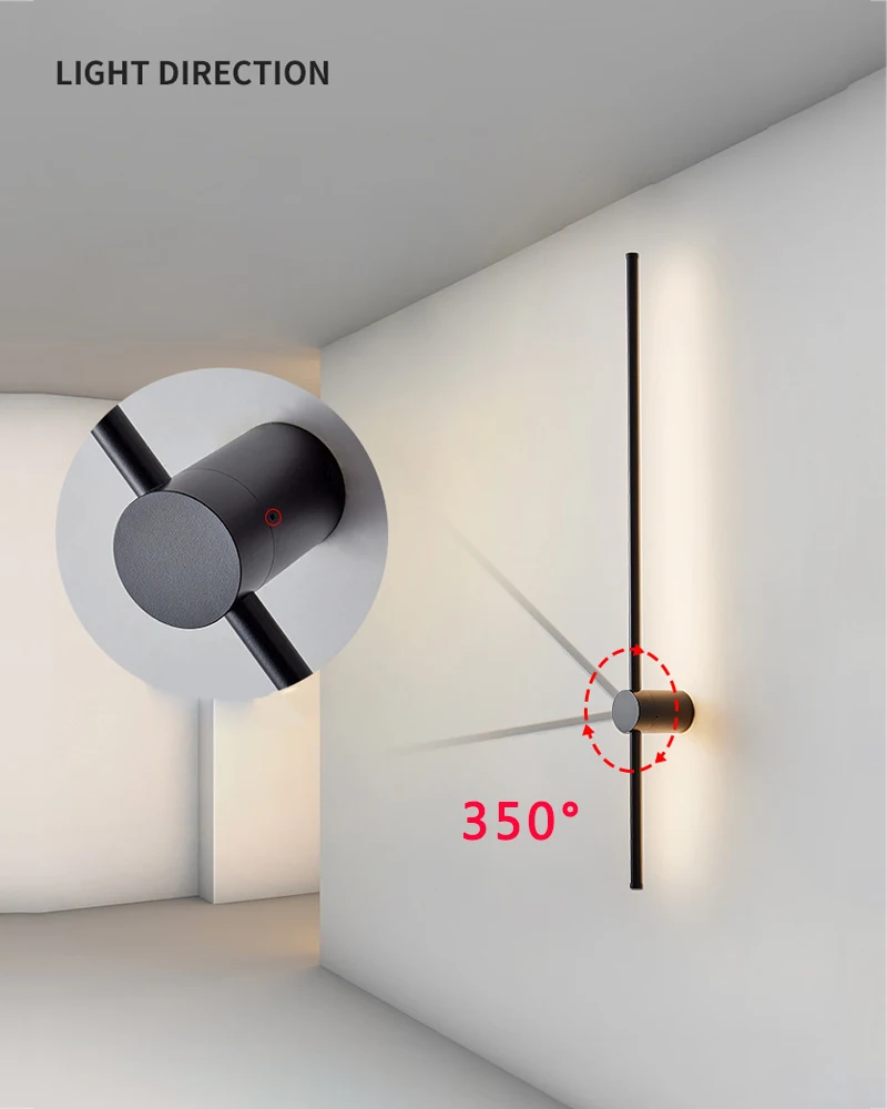 Lampu Dinding LED minimalis, lampu pencahayaan dalam ruangan dekorasi rumah tempat tidur ruang tamu lorong Interior dapat diputar 350 °