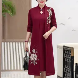 Women Dress Coat Suit Flower Print Long Sleeve Coat Elegant Middle-age Ladies Open Front Long Cardigan Dress for Spring