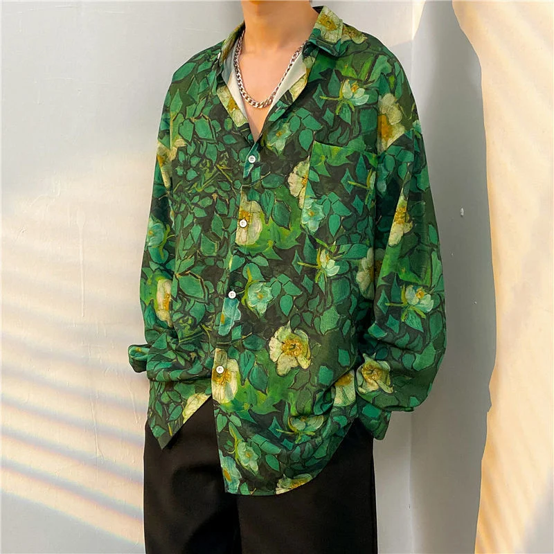 Vintage Hawaiian Shirt Y2K Summer Flower Print Long Sleeve Button Beach Shirts Man Streetwear 2023 Men Fashion Casual Blouse Top