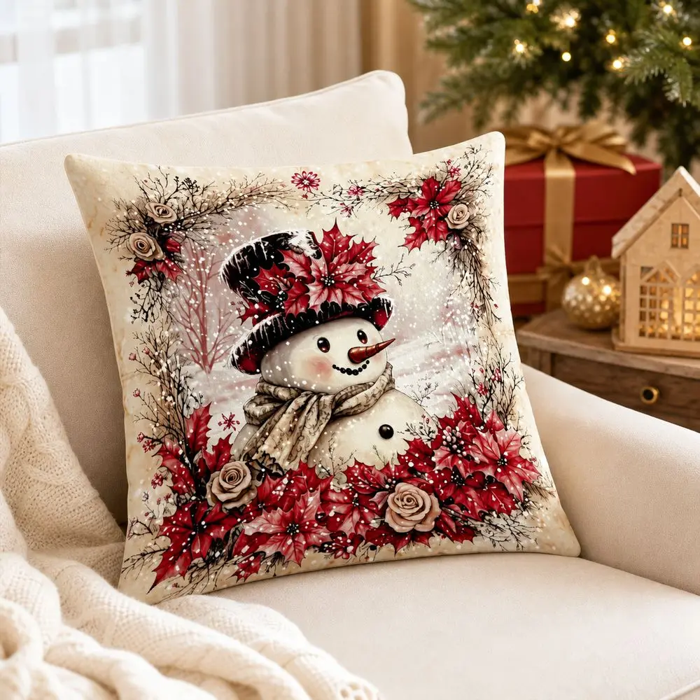 Short Christmas Pillow Cover Hidden Zipper Festive Print Throw Pillow Cover Soft Texture Square Shape Square Cushion Case