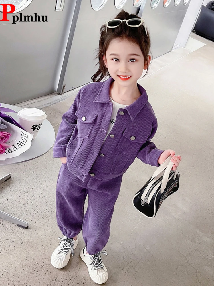 

Girls Corduroy 2 Piece Sets Fashion Kids Jackets Conjuntos + Baggy Casual Jogger Pants Ensemble Korean Children Tracksuit Set