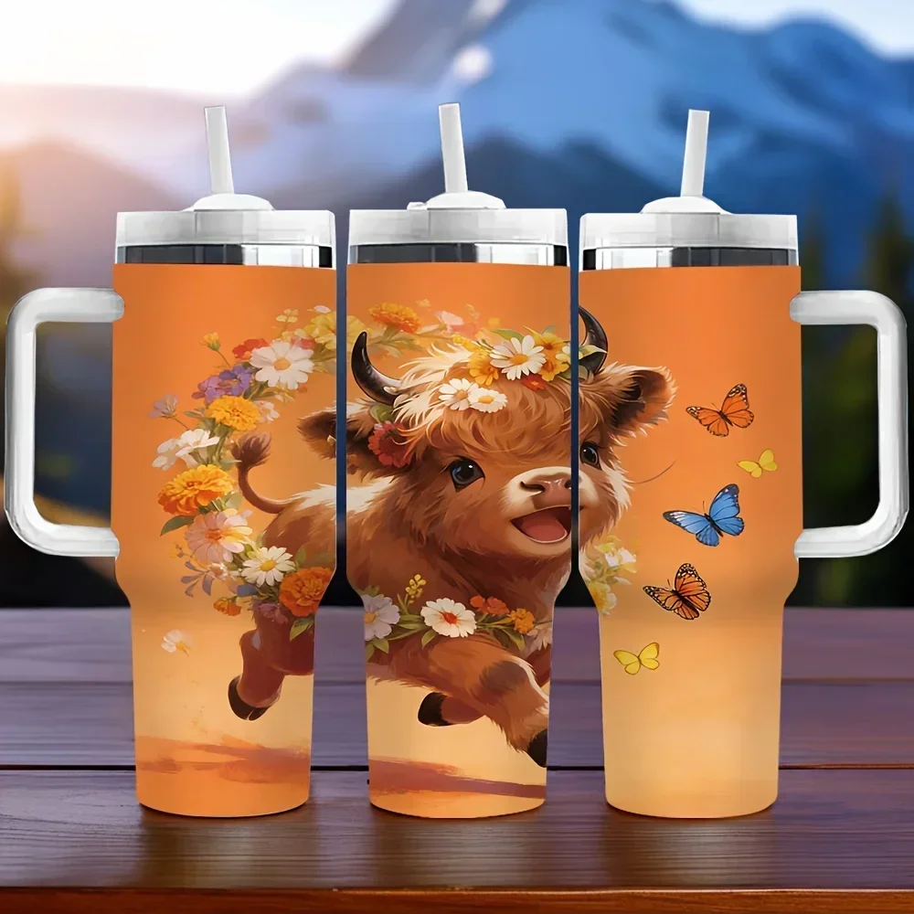40Oz Insulated Tumbler with Handle, Cute Running Highland Cow with Flower And Butterfly Print, Keeps Temperature Long Time, Ideal Holiday And Birthday Gift for Daily And Outdoor Use