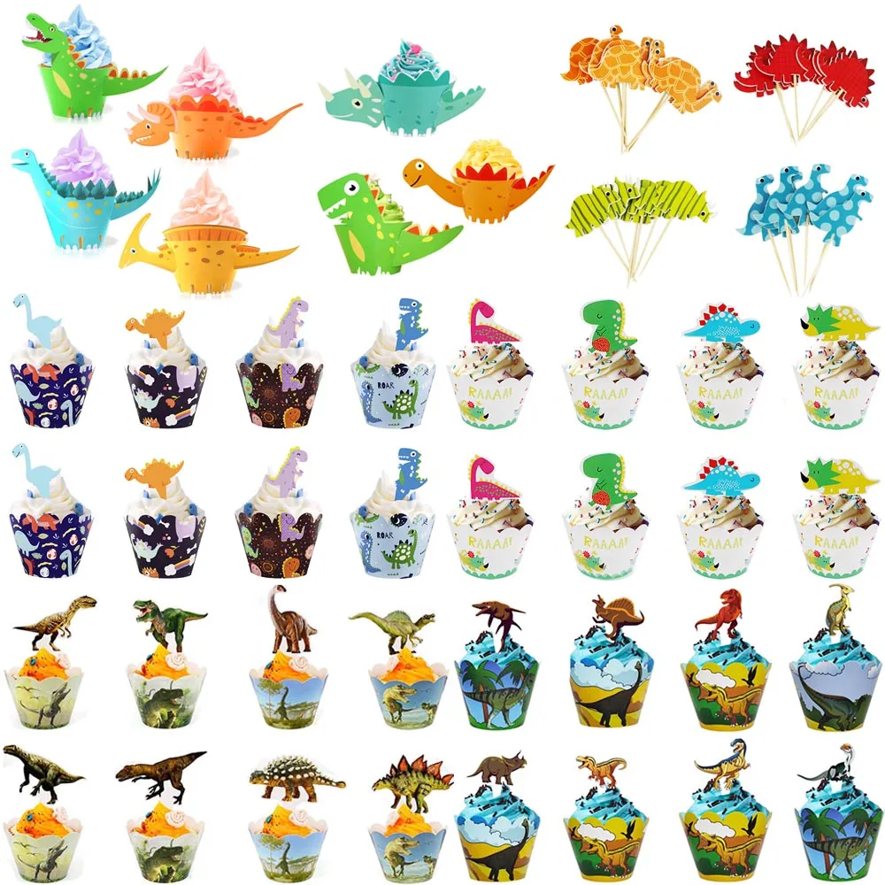 

24pcs Dinosaur Cake Toppers Cupcake Wrappers Happy Birthday Party Cake Decorations Baby Shower Dinosaur Birthday Party Supplies