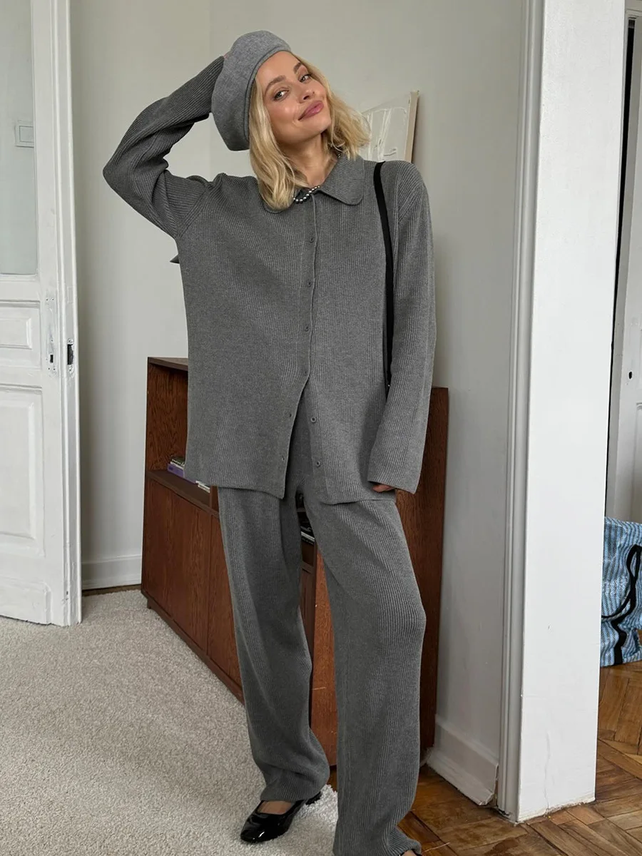 

Solid Knit Loose Cardigan Sweater 2 Piece Sets Women Single Breasted Long Sleeve Jumper Autumn Casual Simple High Waist Pant Set