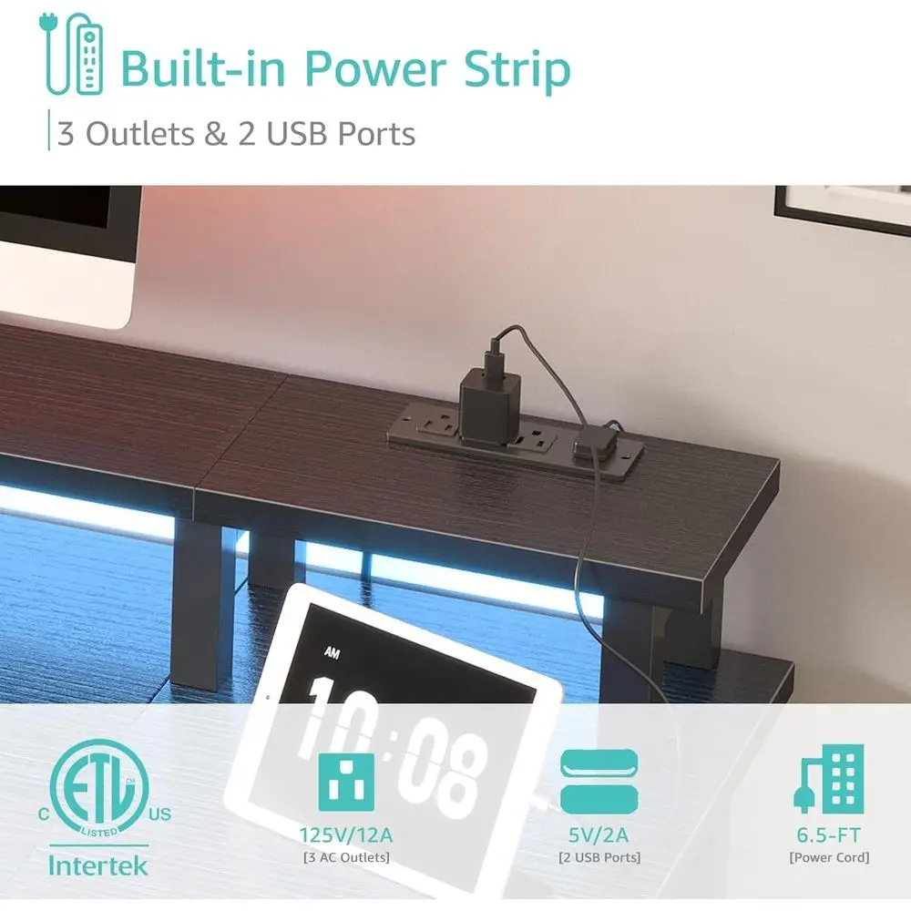 مكتب ألعاب أسود مُضاء بإضاءة LED مكون من 47 لونًا مع أدراج قماشية وأرفف تخزين ومنافذ طاقة