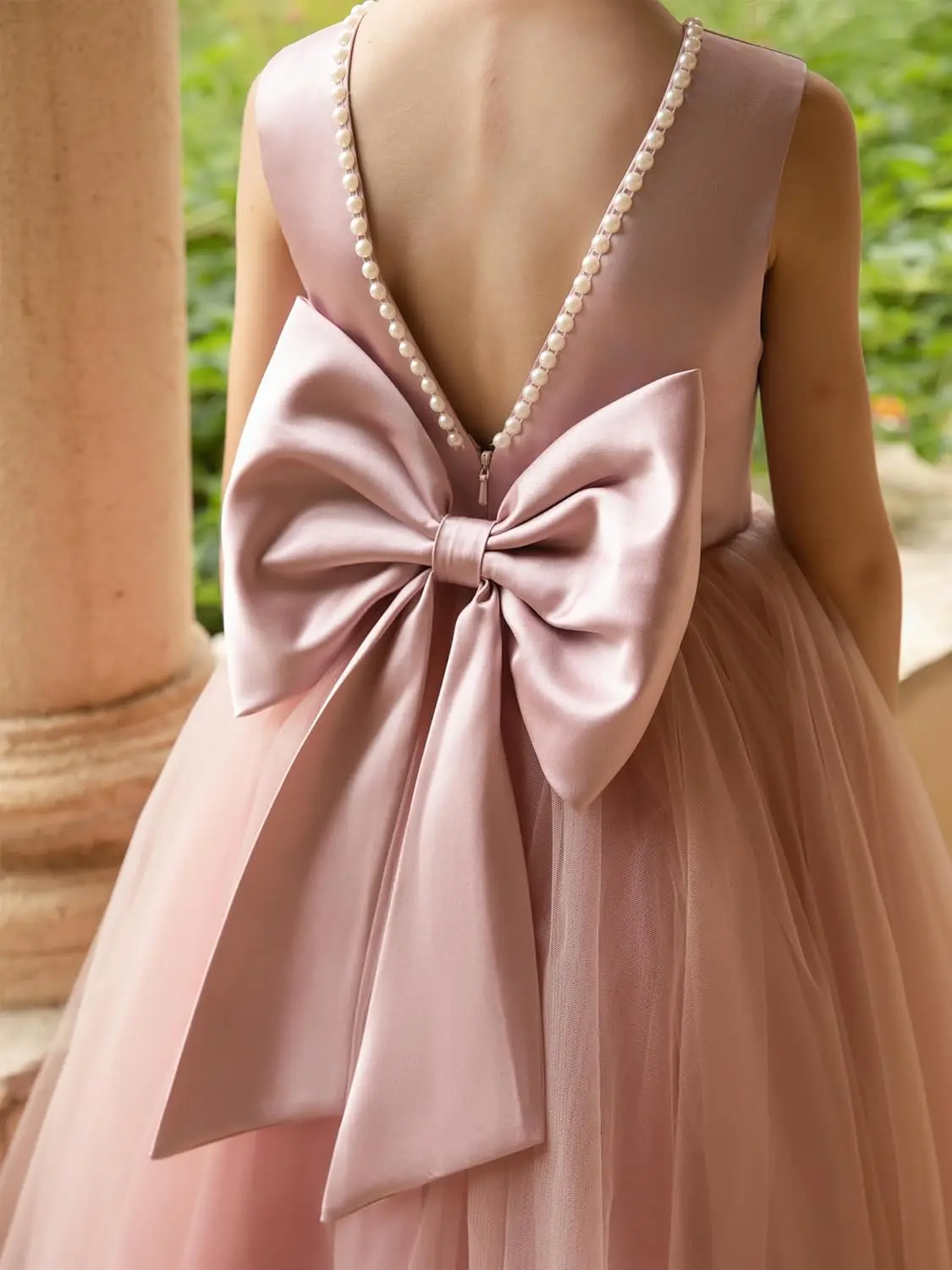 Elegant Round Neck Flower Girl Dress Sleeveless,Pearl Dress Suitable for Wedding Girls,Formal First Communion Dress with Bow Tie