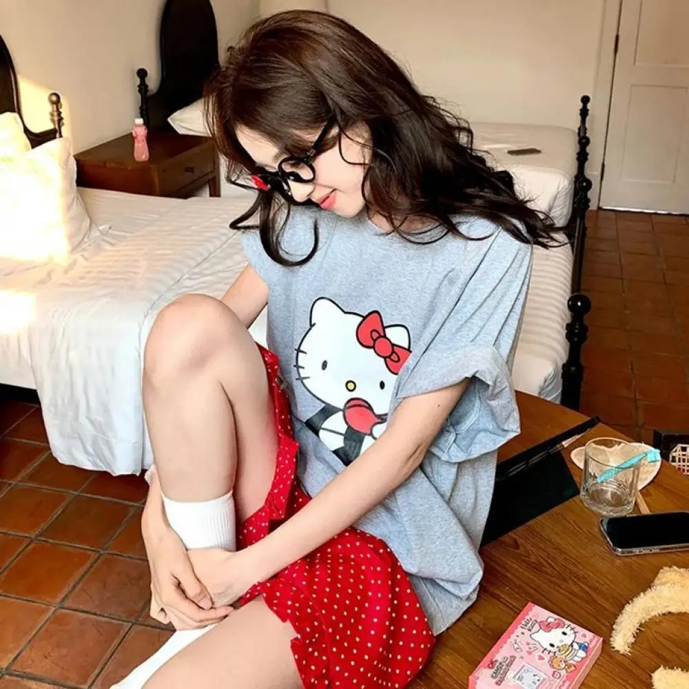 

Летний пижамный комплект из 2 предметов, милые шорты с короткими рукавами «Hello Kitty» для женщин, кавайная тонкая свободная повседневная домашняя одежда, костюм, верхняя одежда