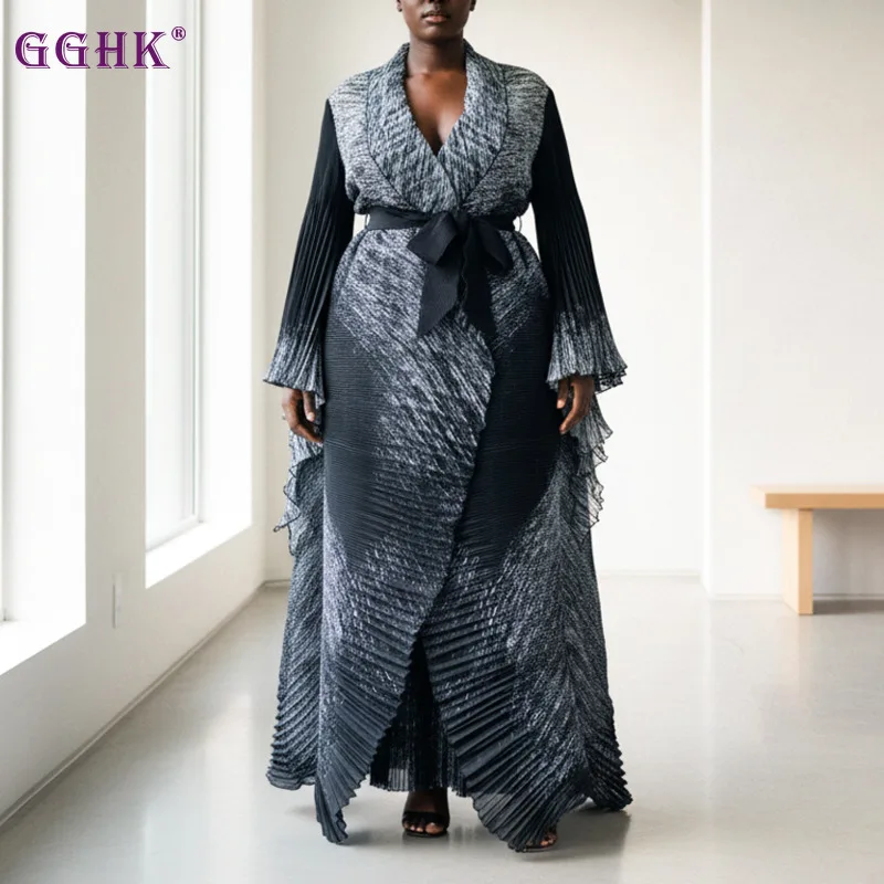 

GGHK Wine Red Gradient Плиссированный комплект для женщин больших размеров — европейско-американская мода, роскошная домашняя одежда с поясом