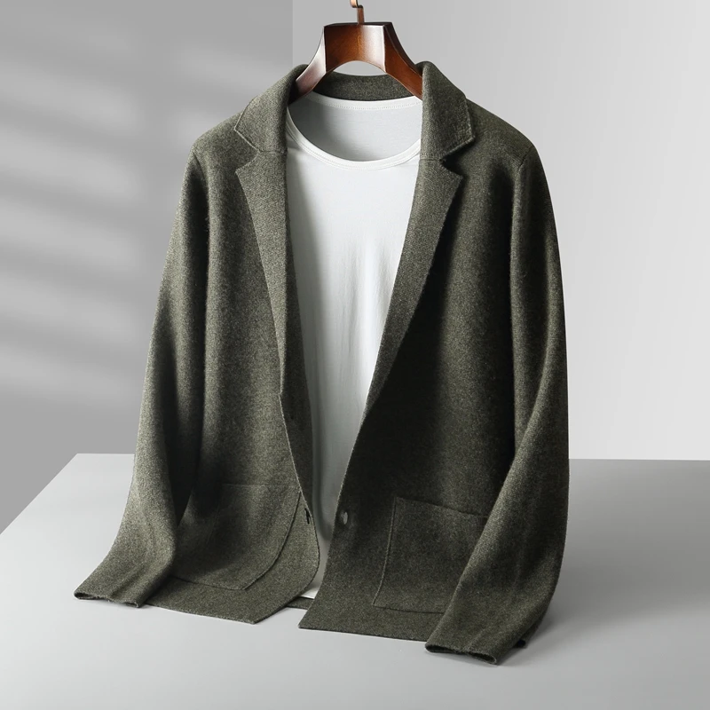 100% pure wool cardigan men's autumn and winter thickened sweater wear casual small suit jacket green fruit collar sweater