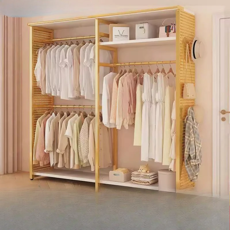 

hole board simple wardrobe household bedroom metal shelf wrought iron open wardrobe with dust curtain