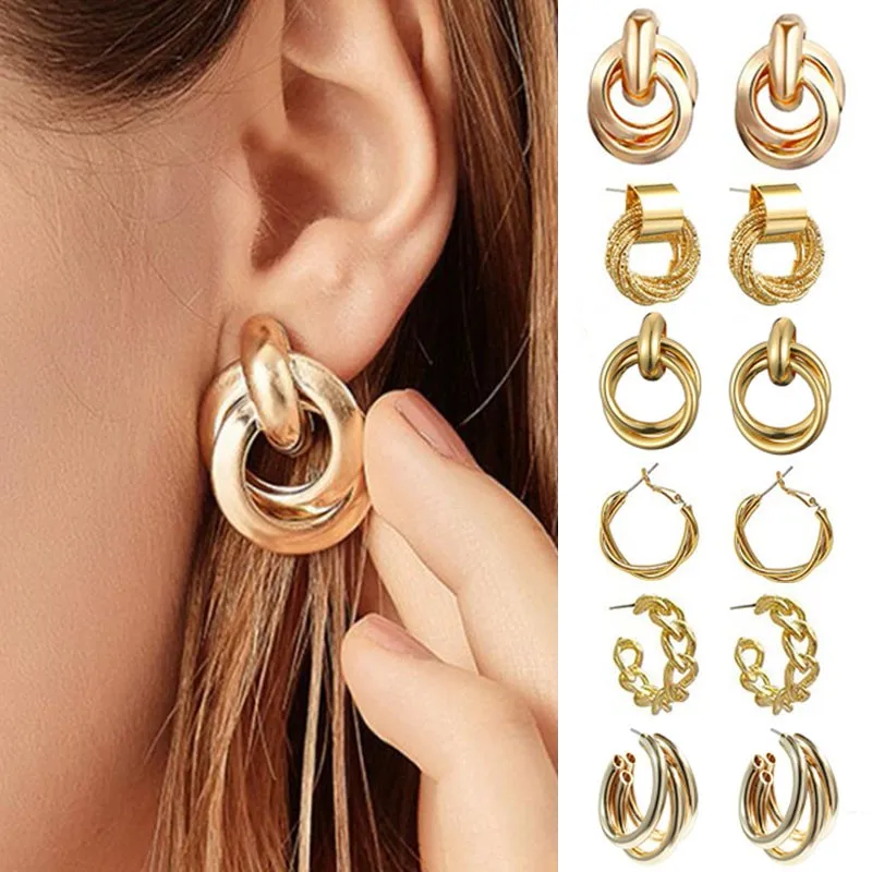 Gold Color Two Interlocking Earrings For Woman Metal Metal Jewelry 2025 Trending New Vintage Geometric Women's Earrings Z60