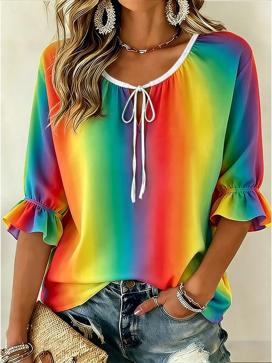 Women's Teal & Purple Geometric Print Tie Neck Blouse, Casual Loose Tops for Spring Summer Daily Wear & Vacation Occasions