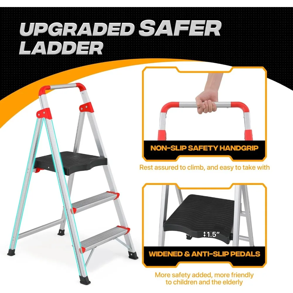 Taburete plegable de aluminio de 3 escalones con 2 pedales estrechos y 1 pedal ancho para adultos