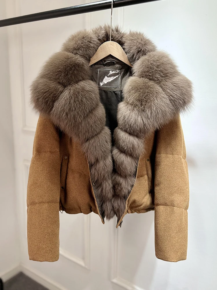 Janveny Luxury Winter 90% White Duck Down Wool Blends Jacket Women 2025 New Real Natural Fox Fur Thick Warm Puffer Down Coat