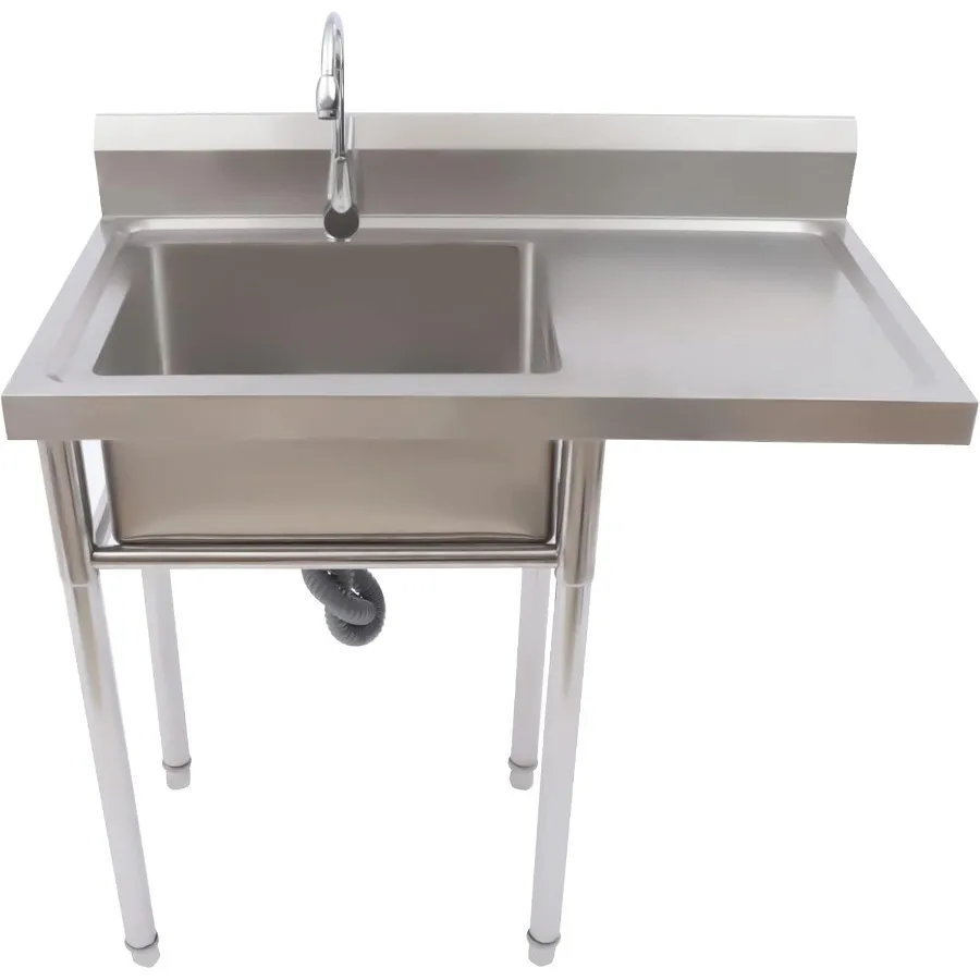 業務用厨房向け自立式シングルボウルシンク（蛇口と水切り板付き、1コンパートメント、ユーティリティ洗浄用）