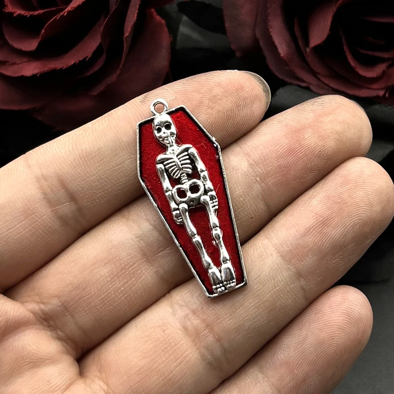 5pcs 41*18mm Gothic Skeleton Charm in Coffin,Blood Red Skeleton Charms Pendant Fit Halloween Jewelry Making DIY Jewelry Findings