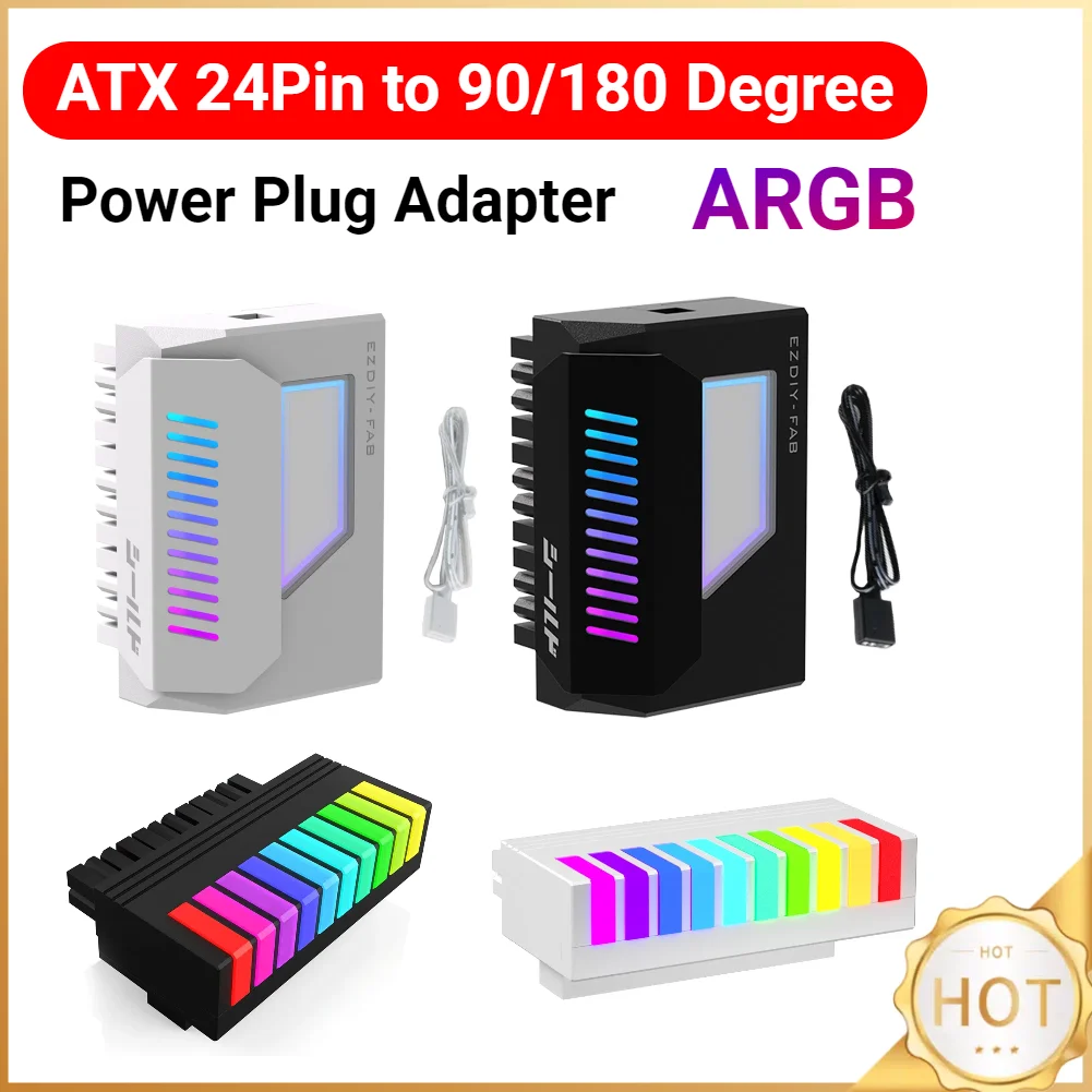 ATX 24 Pin To 90/180 Degree Power Plug Adapter with Infinity Mirror ARGB Light Mainboard Motherboard Power Supply Cable Modular