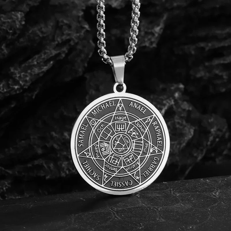 Seven Archangels Stainless Steel Compass Pendant Solomon Round Amulet Necklace for Men and Women Retro Punk Jewelry