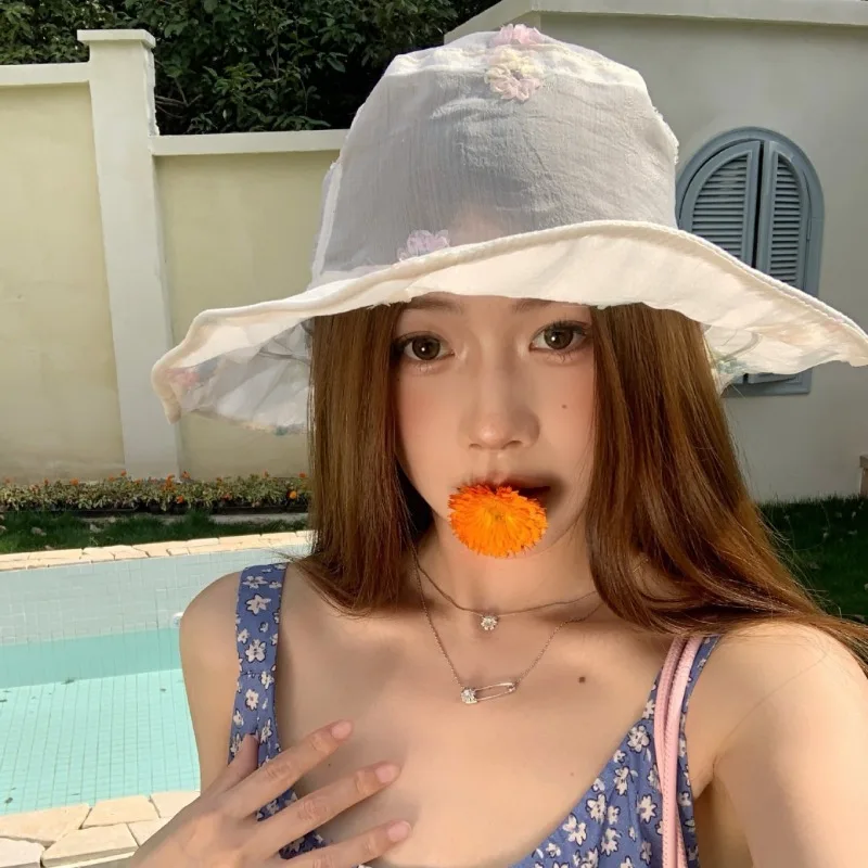 

New French Pastoral Style Lace Flower Bucket Hat Women's Summer Thin Mesh Breathable Vacation Eaves Foldable Sweet Sun Cap