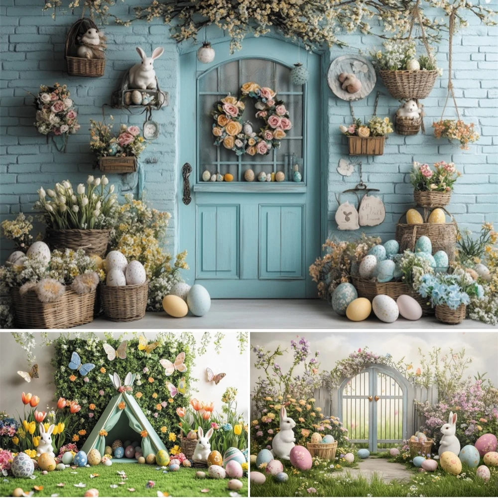 

Spring Easter Background Grass Tent Indoor Window Flower Rabbit Eggs Family Festival Decor Photography Background Studio Props