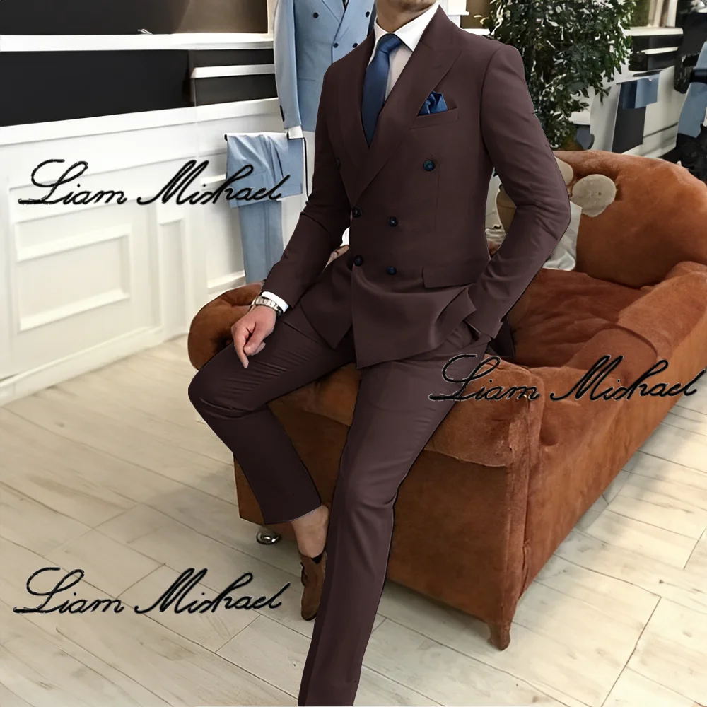 Traje azul claro para hombre, chaqueta de doble botonadura, pantalones, esmoquin Formal para novio de boda, Blazer de solapa de pico, traje