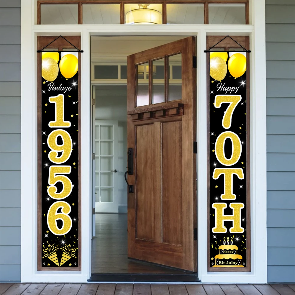 Schwarz-Gold Glitzer 70. Geburtstag Veranda-Banner, Retro 1956 Vintage Geburtstags-Türbanner mit Luftballons und Kuchen für die Feier – Detail 2