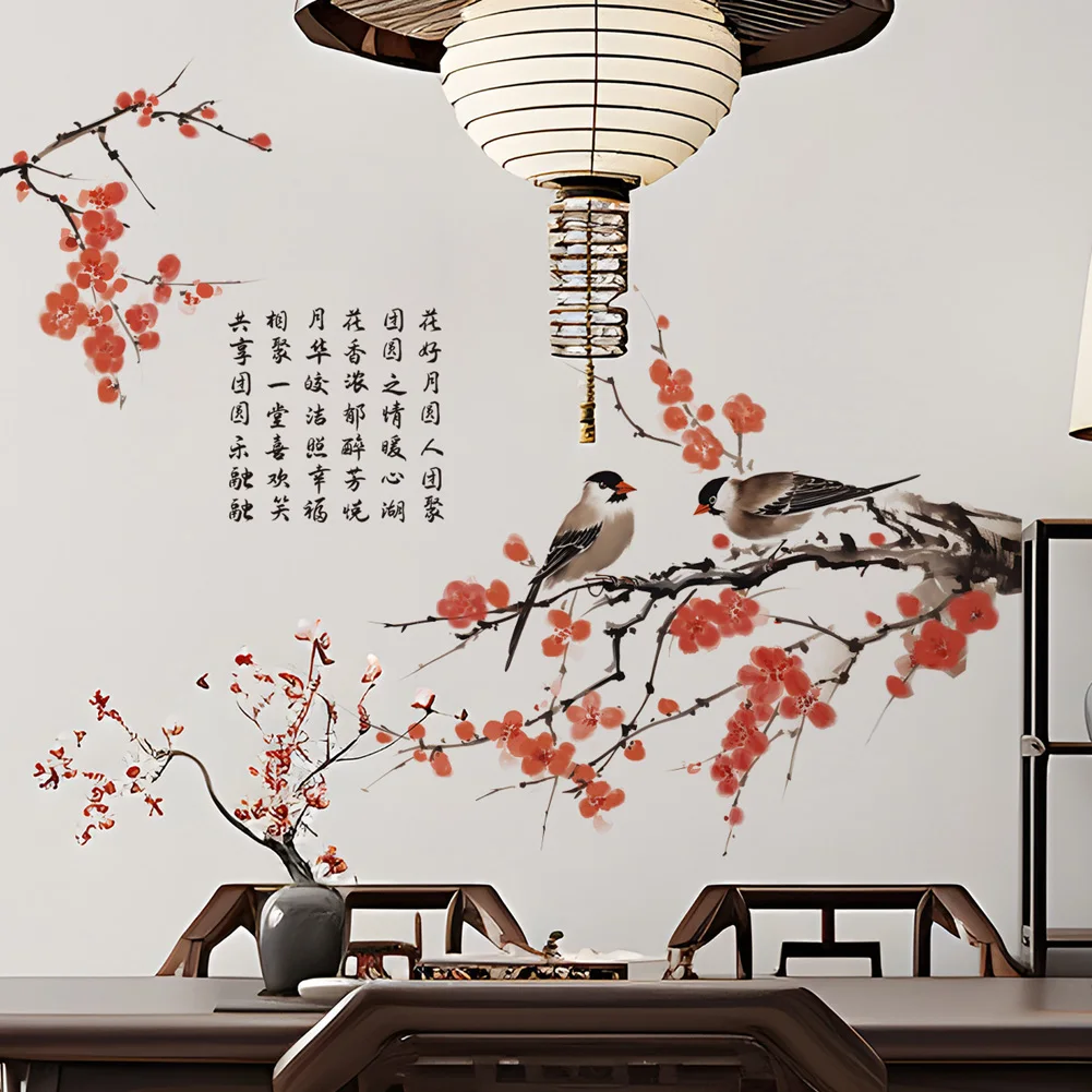 Chinese Style Plum Blossom Birds Wall Stickers Living Room Background Decor Decals Bedroom Home
