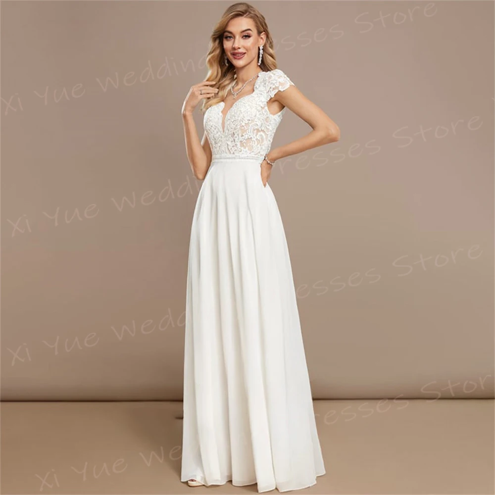 Vestidos de casamento linha A feminino, apliques elegantes, vestidos de noiva de renda, manga popular, vestido sem costas, vestido moderno charmoso