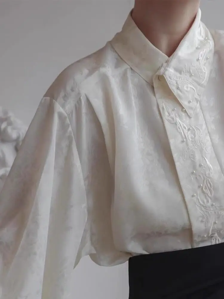 Women's White Satin Blouses and Shirts Elegant Vintage Chinese Style Blouse Long Sleeve Jacquard Shirts for Women Spring Autumn