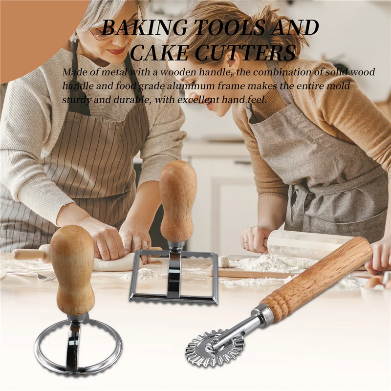 

AT48-3Pcs Ravioli Stamp Maker Cutter With Roller Wheel Set,Mold With Wooden Handle For Pasta,Dumplings Lasagna,Pies