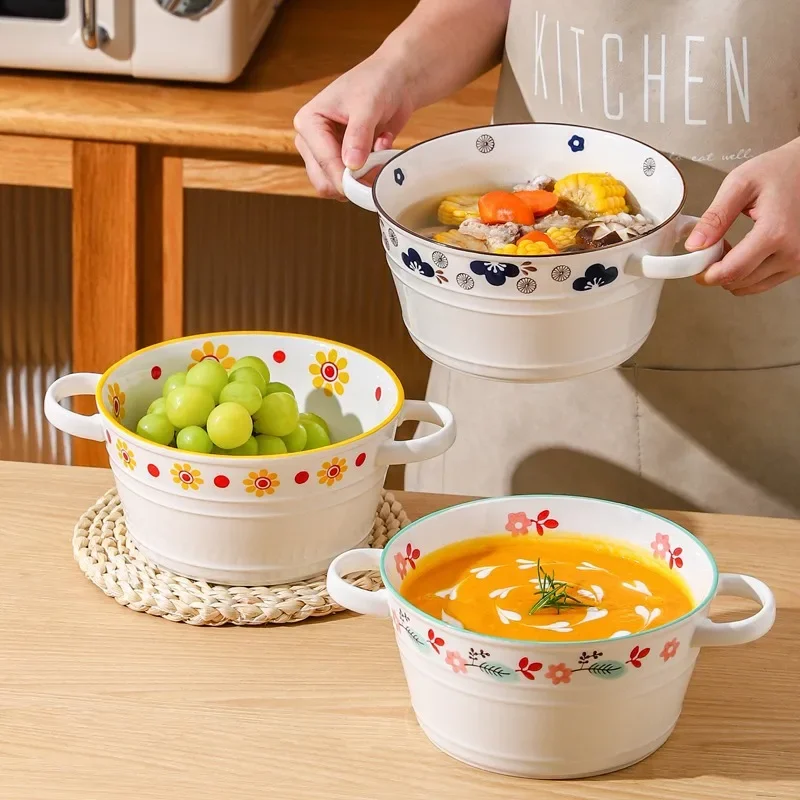 

Japanese Double Ear Soup Bowl, Household Large Instant Noodles Bowls, Hand-painted Ceramic Tableware, Salad Coconut Bowl 1500ml
