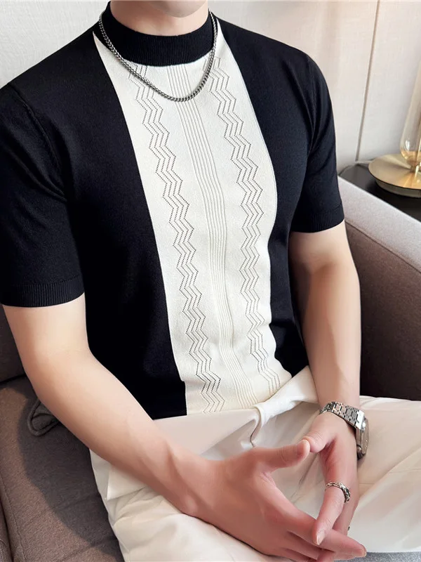 

Корейская летняя мужская футболка из тонкого трикотажного ледяного шелка с круглым вырезом и коротким рукавом, модный топ с контрастными вставками черного и белого цветов